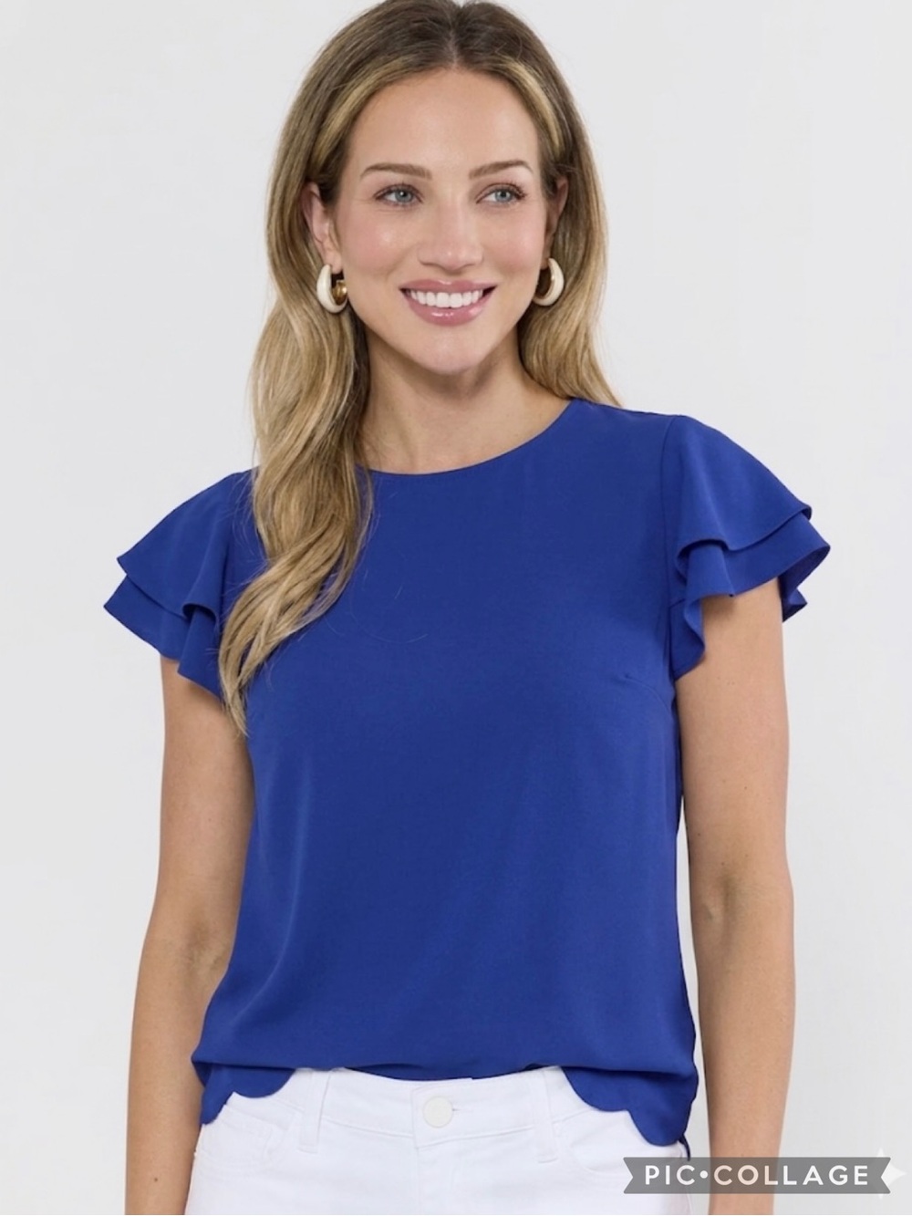 Versona Royal Blue Top Flutter Sleeves Scalloped Hem XS Elegant